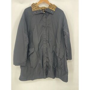 Vtg Gallery Womens Black Trench Coat Jacket Cheetah Liner Hood Outerwear Size M‎
